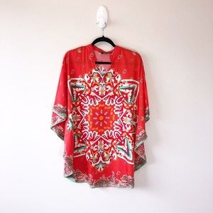 Tolani Collection Mandarin Collar Caftan Tunic Orange Red Artsy Boho Size Small
